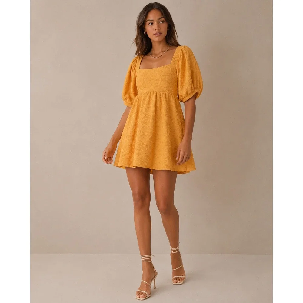 Free People Orange Textured Puff Sleeve Tie Back Mini Dress Small OB1140618